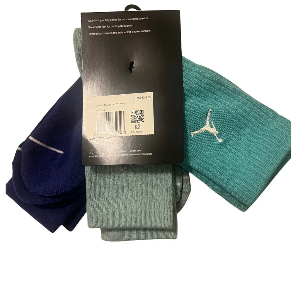 Jordan Everyday Crew Socks Mens‎ S Blue Green New Dri-Fit Cushioned 3-Pack